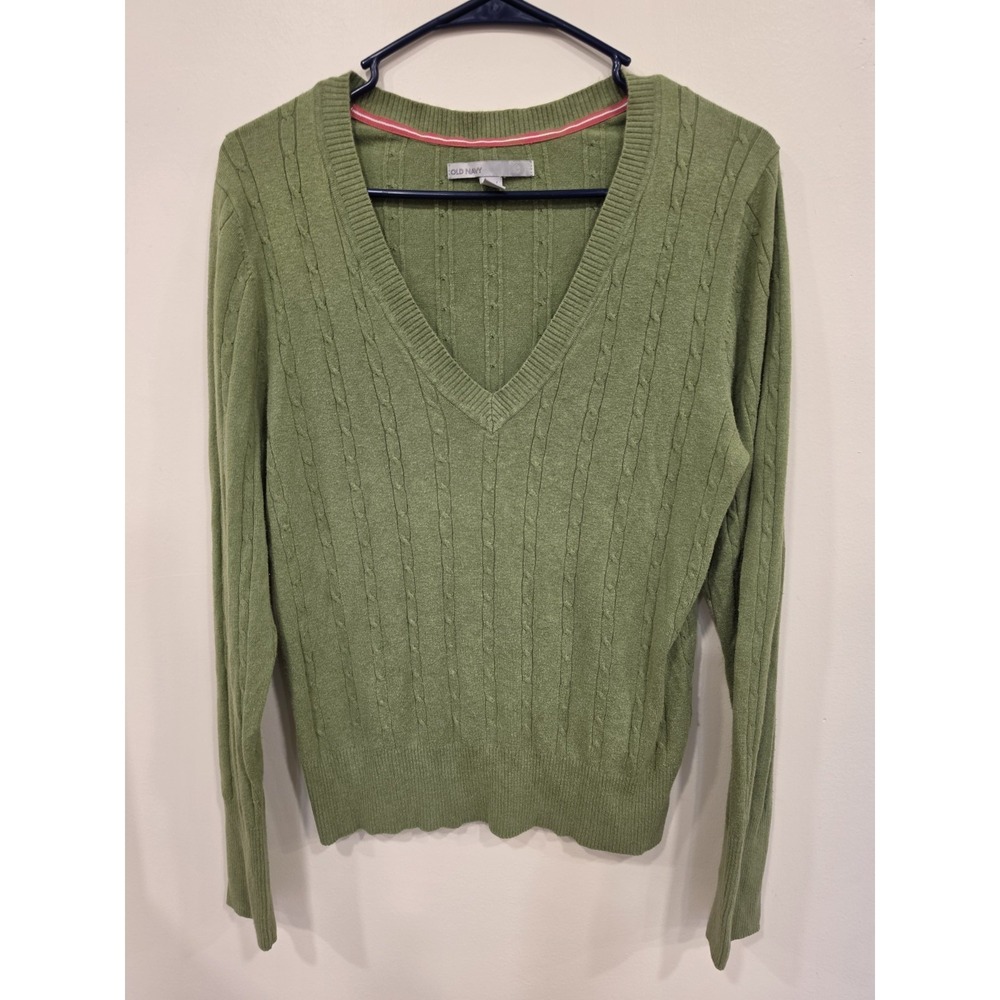 Vintage Y2K Old Navy Green Cable Knit V Neck Sweater‎ Women's Large Twee Preppy